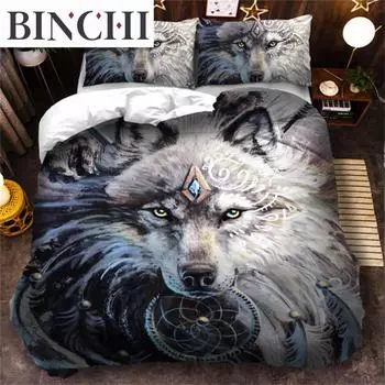 3D Wolf Bedding Set Black White Dreamcatcher Tribal Nationality Style Duvet Cover For Teens Adults Women Men Bedroom Decoration EU single(135x200cm)
