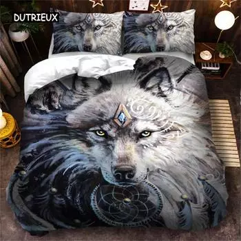 3D Wolf Bedding Set Black White Dreamcatcher Tribal Nationality Style Duvet Cover for Teens Adults Women Men Bedroom Decoration EU single(135x200cm)