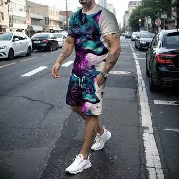 3D Wolf Dragon Print Men s T-shirt Set Fashion O-Neck Short sleeved Sportswear/Top/Shorts Casual Summer Cool Men s Two Piece Set S