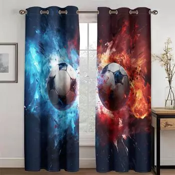 3D Wonderful Soccer Curtains Red Blue Sci-fi Style Living Room Bedroom Kitchen Entertainment Sports Venue Decorative 2 pcs 50W130H(CM)X2PCS&Grommet Top