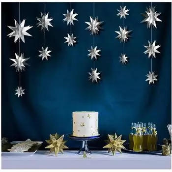 3D восьмиугольная зеркальная звездная строка с 2 м бумажной блестящей стереоскопической гирляндой на Рождество, Новый год, витрина, свадебная вечеринка, подвесной орнамент, декор Gold
