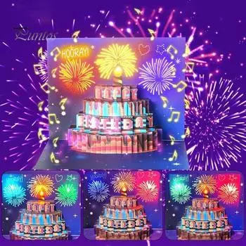 3D вылетающая открытка на день рождения Светящаяся музыкальная открытка с днем рождения с дизайном торта Интерактивная открытка на день рождения B