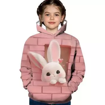 3D Яркий Кролик и Графический Принт Стены, Модная и Повседневная Толстовка С Капюшоном С Длинным Рукавом Для Девочек Осень и Зима, Толстовка С Капюшоном Для Девочек Для Отдыха На Природе 100CM