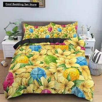3D Желтый Цветочный Постельный Комплект Простой Цветочный Пододеяльник с 1/2 Наволочками Размер Кинг-сайз Квин-сайз Чехол для Одеяла Полиэстер Комфортный Чехол EU single(135x200cm)