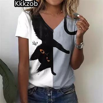 3D забавные кошки принт футболки для женщин V-образный вырез короткий рукав повседневная мода кавайная графика футболка свободного покроя женская одежда для девочек S