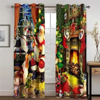 3D Забавный С Новым Годом, Рождеством, Санта-Клаусом, снежным камином, 2 шт., тонкие затеняющие оконные шторы для декора гостиной, спальни 100W130H(CM)40x51in&Hook жёлтый