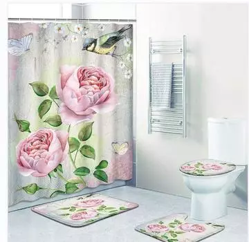 3D занавеска для душа с цветочным принтом пиона, водонепроницаемая полиэстеровая занавеска для ванной комнаты, противоскользящий коврик для ванной, набор ковриков для туалета, ковер, домашний декор
