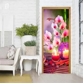 3D Zen Камень Зеленый Бамбук Наклейки на Двери Обои Цветок Бабочка Листья Двери Фрески Медитация Растение Фреска для Домашнего Настенного Декора 40x120cm