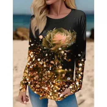 3D женская футболка с графическим принтом розы, длинный рукав, повседневная толстовка, модная на выходные, круглый вырез, стандартный крой, топы с рисунком для весны и осени S красный