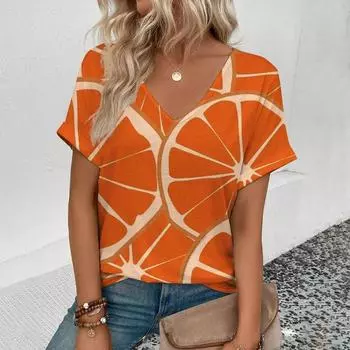 3D женская летняя модная футболка с V-образным вырезом и короткими рукавами с забавным фруктовым узором, тонкая свободная повседневная большая дышащая рубашка-пуловер S