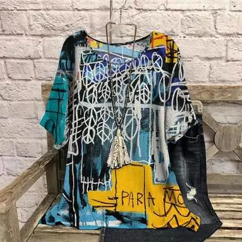 3D женские футболки ретро контрастный цветной принт летние повседневные с круглым вырезом с коротким рукавом свободные утягивающие женские футболки больших размеров 7XL