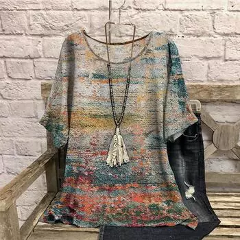 3D женские футболки ретро контрастный цветной принт летние повседневные с круглым вырезом с коротким рукавом свободные утягивающие женские футболки больших размеров 7XL