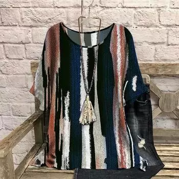 3D женские футболки с ретро-полосатым принтом, летние повседневные, с круглым вырезом, с короткими рукавами, свободные, для похудения, женская одежда больших размеров 7XL синий