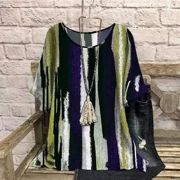 3D женские футболки с ретро-полосатым принтом, летние повседневные, с круглым вырезом, с короткими рукавами, свободные, для похудения, женская одежда больших размеров 7XL синий