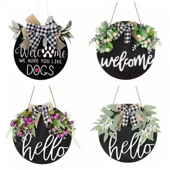 3D-знак приветствия для входной двери | Черные круглые деревянные венки для входной двери | Вешалка для двери фермерского дома для декора передней двери/стены