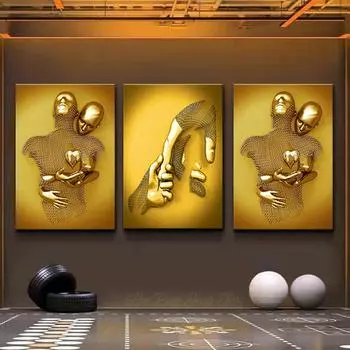 3D золотой эффект, обнимающая пара, металлическая настенная живопись, холст, принт, поцелуи, художественные постеры и принты для гостиной, домашний декор 21x30 No Frame