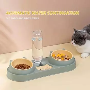 3in1 Bowl Feeding and Water Cat Bowl for Pet Cat Food Utensils Cats Feeding Water Double Dog Cat Bowls with Water Dispenser зелёный