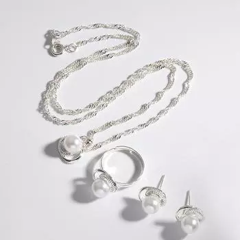 3in1 комплект жемчужных украшений, жемчужный комплект, серьги, ожерелье, кольцо, размер регулируется для женщин серебряный