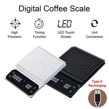 3kg/0.1g Digital Coffee Scale Rechargeable Weighing Scale with Timing Function LCD Espresso Balance Scale Home Kitchen Tools чёрный