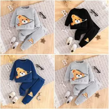 3M-24M Весна и осень Комплект свитера с принтом медведя для мальчика Комплект свитера с длинными рукавами для мальчика + длинные брюки 3-6M синий