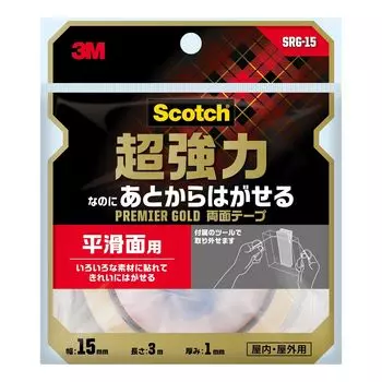 3M суперпрочный, но гладкий скотч Scotch Premier ширина 15 мм x длина 3 м двухсторонний, съемный, поверхности, полудлинный Золотой, SRG-15