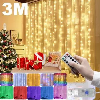 3M светодиодный занавес, гирлянда, сказочные гирлянды, рождественские украшения, USB-пульт дистанционного управления, праздничное освещение, вечерние, свадебный декор, водонепроницаемая цветная лампа 3mx1m 100LED теплый белый