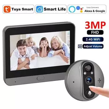 3MP Smart Life Tuya 1080P WiFi дверной звонок глазок камера 5000mAh аккумулятор PIR детектор движения IR Alexa Google Digital Viewer No TF Card чёрный