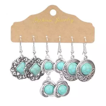 3pair Flower Dangle Earrings Silver Color Drop Earrings Fashion Turquoises Earrings Set Summer Style C