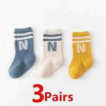 3Pairs/Lot Baby Letter Socks Knit Soft Cotton Sock Kids Long Knee High Socks Infant Toddler Baby Boys Girls Cute Stripe Socks 0-1Years(S)
