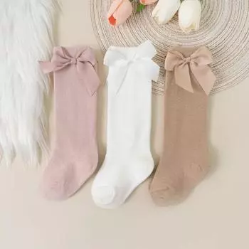 3Pairs/Lot Baby Toddlers Socks Autumn Spring Children Kids Girls Knee High Long Sock Cotton Big Bow Spanish Style Princess Socks 0-1Years(S)