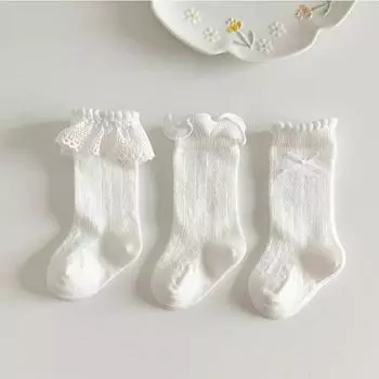 3Pairs/Set White Ruffle Baby Socks Sweet Bow Infant Girls Princess Sock Breathable Mesh Anti-mosquito Kids Long Socks 6-12 months