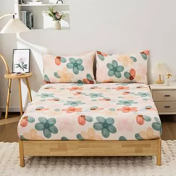 3Pc Flower World Fitted Sheet Floral Pattern 100%Polyester 1Fitted Sheet 2Pillowcase Queen/King Size Four Seasons No Pillowcase 99x190CM 3PC
