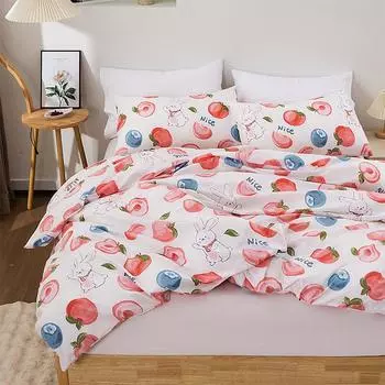 3PC персиковый кролик пододеяльник милый кролик свежие персики 1 пододеяльник 2 наволочки приятный для кожи 100% полиэстер удобное постельное белье EUsingle135x200cm