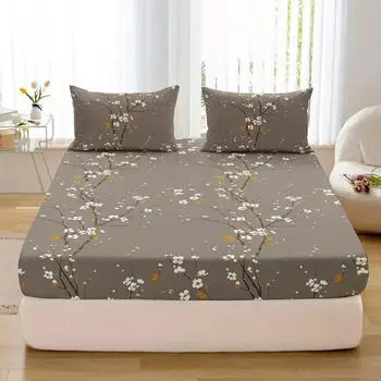 3Pc Plum Blossom Bed Sheet, Fitted Sheet*1, Pillowcases*2, No Pillowcore, 100% Polyester, Elastic Mattress Protective ustwin 99x190cm