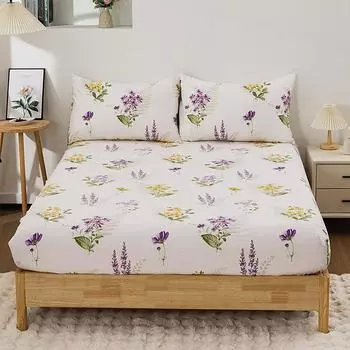 3Pc Purple Rhyme Yellow Flower Bed Sheet 100%Polyester 1Fitted Sheet 2Pillowcase Mattress Cover (No Pillowcase) Queen/King Size 99x190CM 3PC