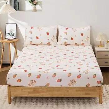 3Pc Rabbit Strawberry Bed Sheet Skin Friendly 100% Polyester 1Fitted Sheet 2Pillowcase Mattress Protective Cover No Pillow Core 99x190CM 3PC