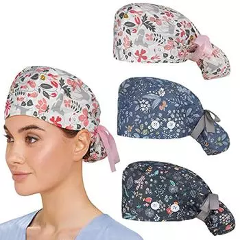 3PC Scrub Cap With Buttons Bouffant Hat With Sweatband for Womens and Mens