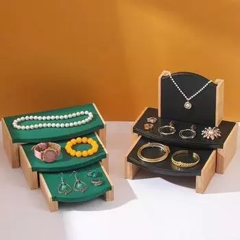 3Pc/Set Solid Wood Pendant Necklace Display Stand Velvet/PU Leather Bracelet Rings Earings Jewelry Display Organizer Rack серый