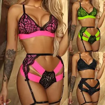 3PC сексуальные женщины кружева беспроводной бюстгальтер сексуальное женское белье подвязки стринги комплект нижнего белья L