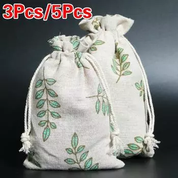 3Pcs / 5Pcs Gift Bags Linen Green Leaves Packaging Drawstring Pouches Gift Jewelry Packaging Wedding 13X18cm