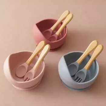 3PCS Baby Silicone Dinner Set Food Grade Tableware Sets For Kid Wooden Handle Spoon Fork Feeding Training Baby Dishes Baby Stuff