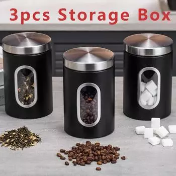3PCS Beans Canister Stainless Steel Food Container Set Simple Design Grains Storage Jars Multipurpose Clear Window Tea Tank Kit чёрный