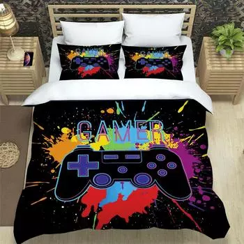 3pcs Bedding Set Gamepad Fashion Girls Boys Bed Linen Sheet Gamer Black Duvet Cover Double Queen King Quilt Covers Sets EU single(135x200cm)