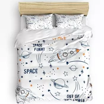 Комплект постельного белья из 3 предметов с изображением ракеты, летящей, вселенной, космоса, белого цвета, пододеяльника, наволочки для мальчиков, детей, подростков, девочек, комплект постельного белья EU single(135x200cm)