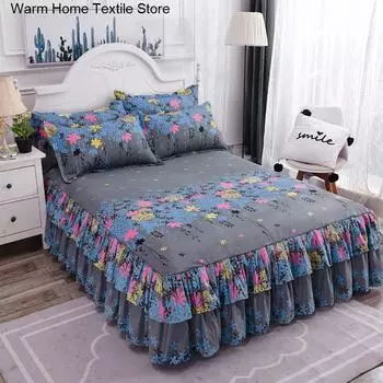 3pcs Bedding Simple Flower Bed Skirt With Pillowcases Wedding Bedspread Bed Sheet Mattress Cover Full Twin Queen King Bedsheets 3pcs 100x200cm