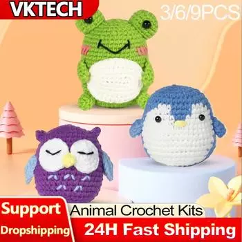 3Pcs Beginner Crochet Kit Frog/Owl/Penguin Complete Crochet Kit with Detailed Tutorials Cute Animal Crochet Set for DIY