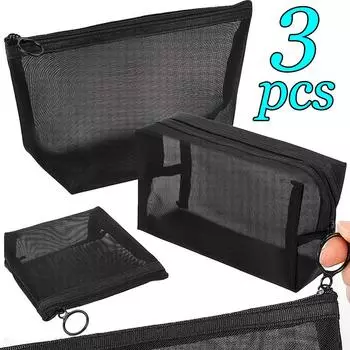 3PCS Black Women s Cosmetic Bag Mesh Storage Organizer for Cosmetics Pencil Case Travel Girl Brush Toilet Makeup Pouch Case