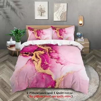 3pcs blue and pink marble pattern printed bedding set, 1*duvet cover+2*pillowcase, for queen, king, double bedroom 135x200cm-EU-Single