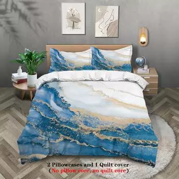 3pcs Blue and Pink Marble Pattern Printed Bedding Set, 1*duvet Cover+2*pillowcase, for Queen, King, Double Bedroom 135x200cm-EU-Single