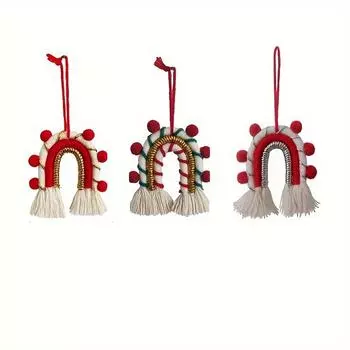 3pcs Boho Style Christmas Ornaments with Rainbow Tassels Hand Burlap Wall Hanging,Xmas Tree Pendants, Vibrant Rainbow Stripes Golden Glitter Accents 3pcs